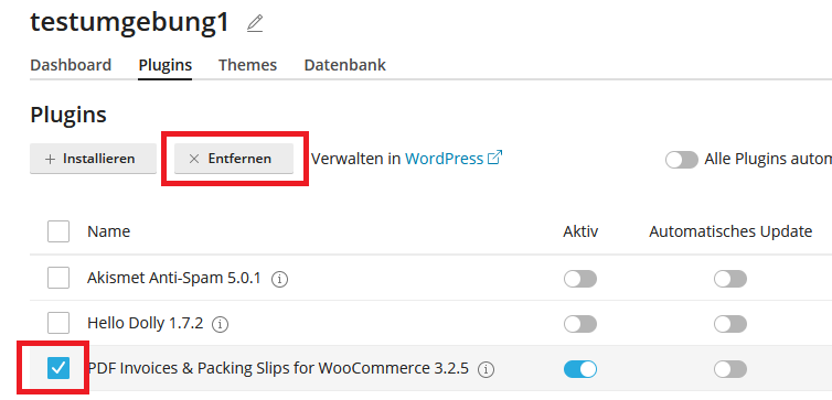 wp-toolkit Plugins/Themes entfernen