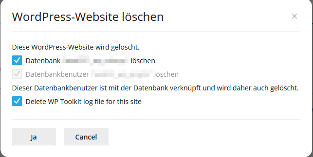 wp-toolkit Optionen zum Entfernen