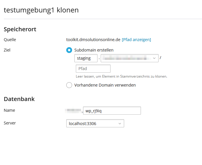 wp-toolkit Einstellungen zum Klonen