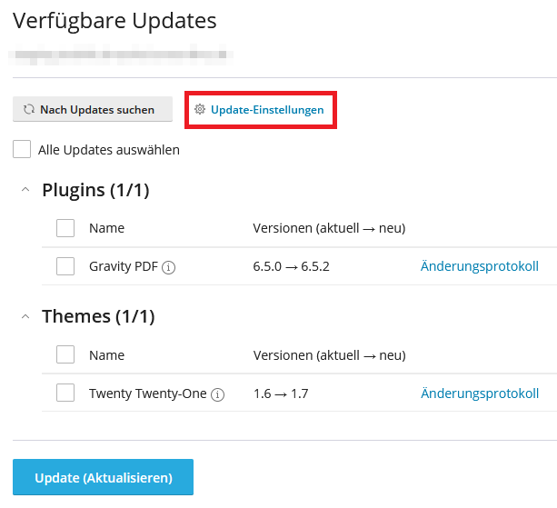 wp-toolkit Update Einstellungen