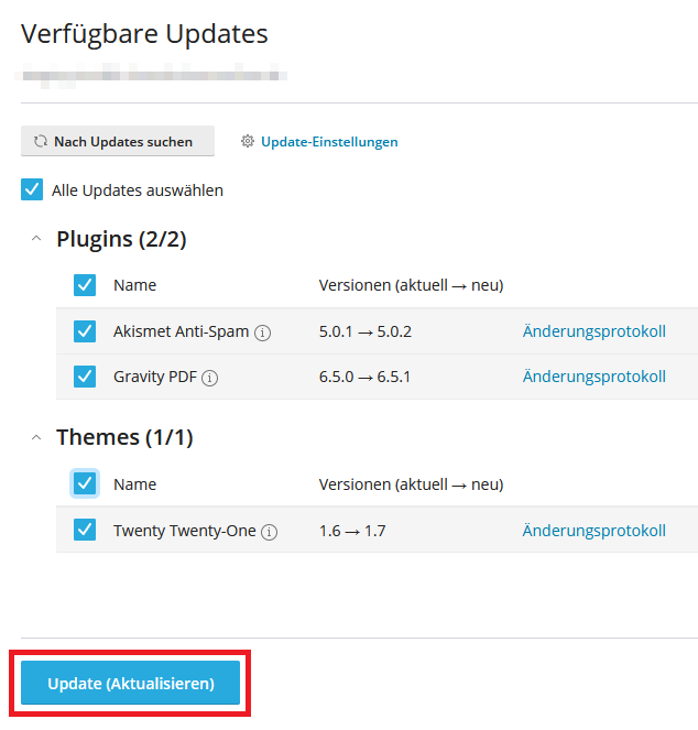 wp-toolkit Plugins/Themes Update starten