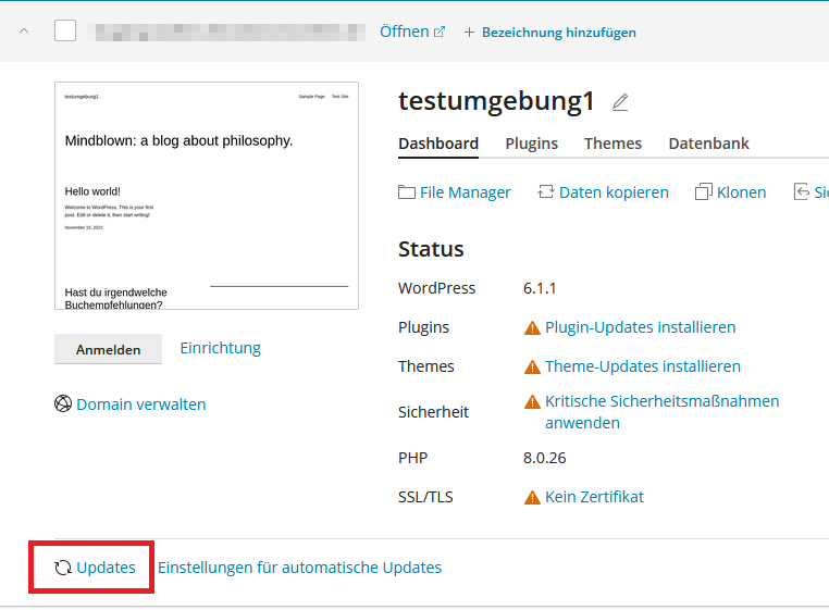 wp-toolkit Updatemenü öffnen