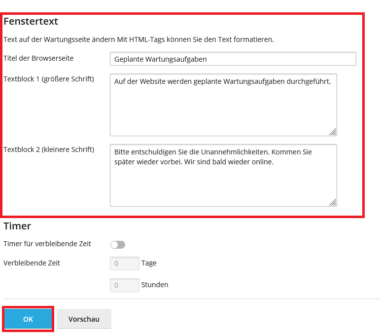 wp-toolkit Wartungsmodus Fenstertext