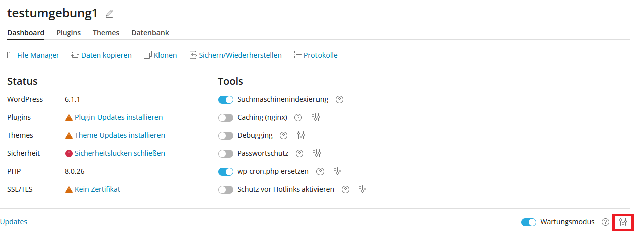 wp-toolkit Wartungsmodus Einstellungen