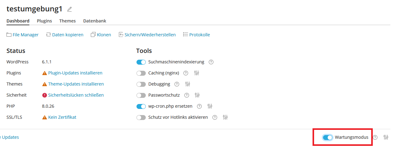 wp-toolkit Wartungsmodus aktivieren