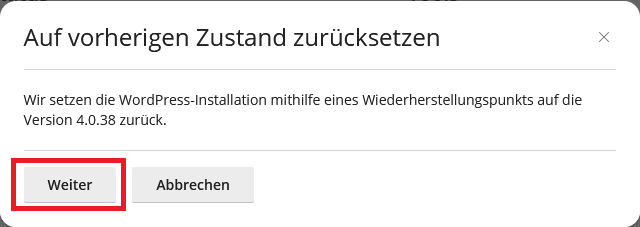 wp-toolkit Wiederherstellungspunkt einspielen bestätigen