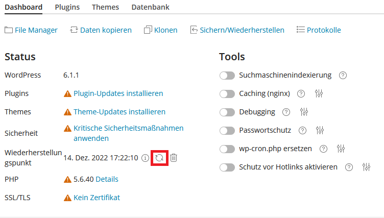 wp-toolkit Wiederherstellungspunkt