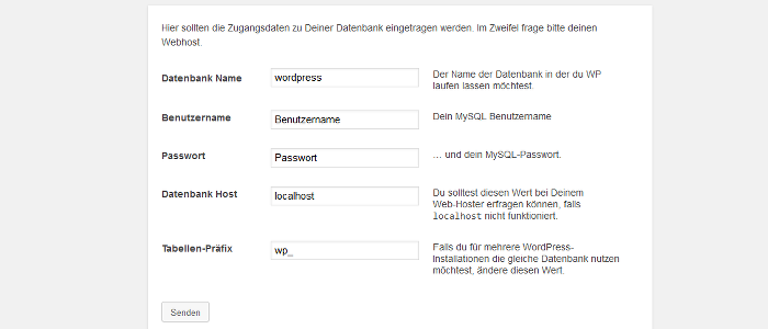 Datenbank-Informationen eingeben