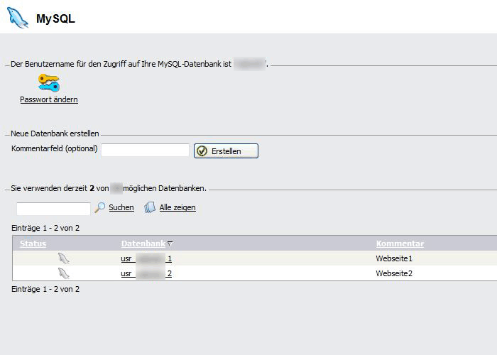 Confixx Datenbanken Übersicht