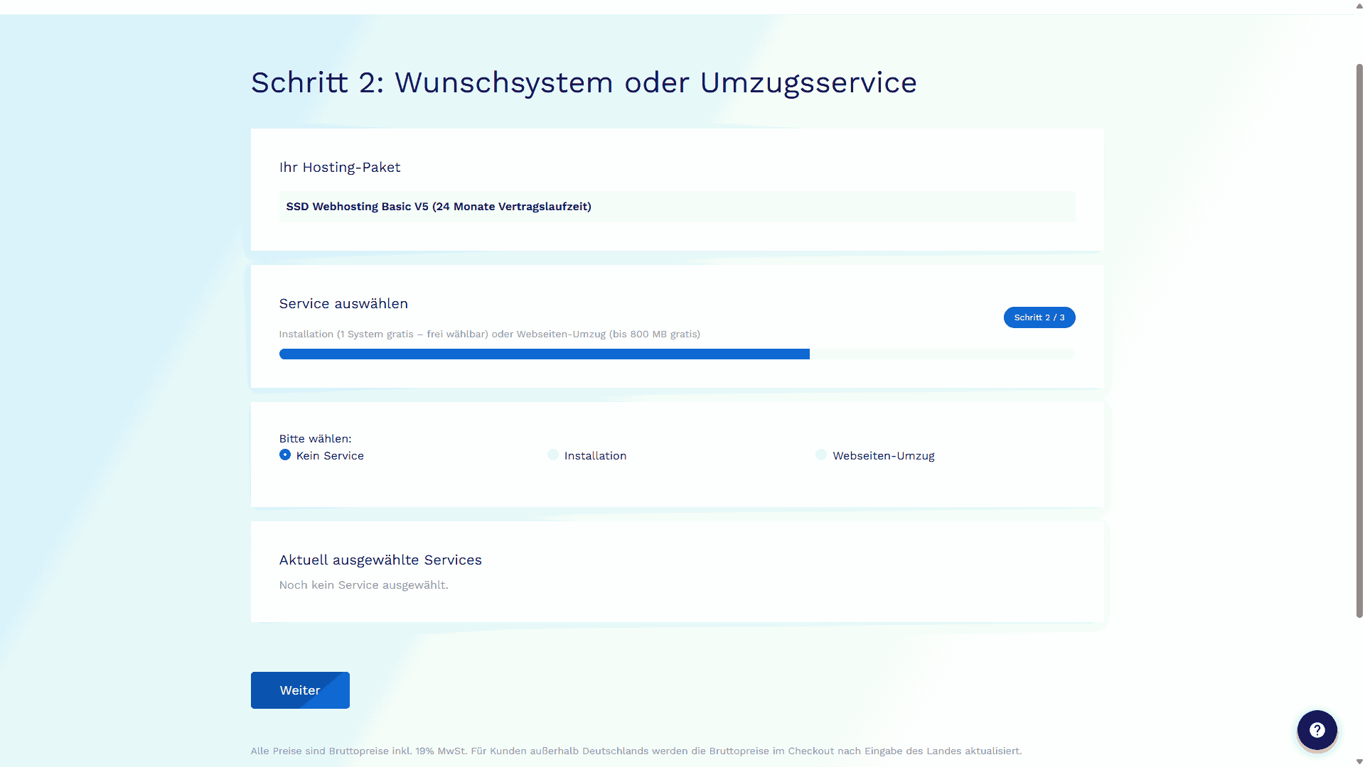 Figure 5 - You can choose between "No service", "Installation", and "Website migration"