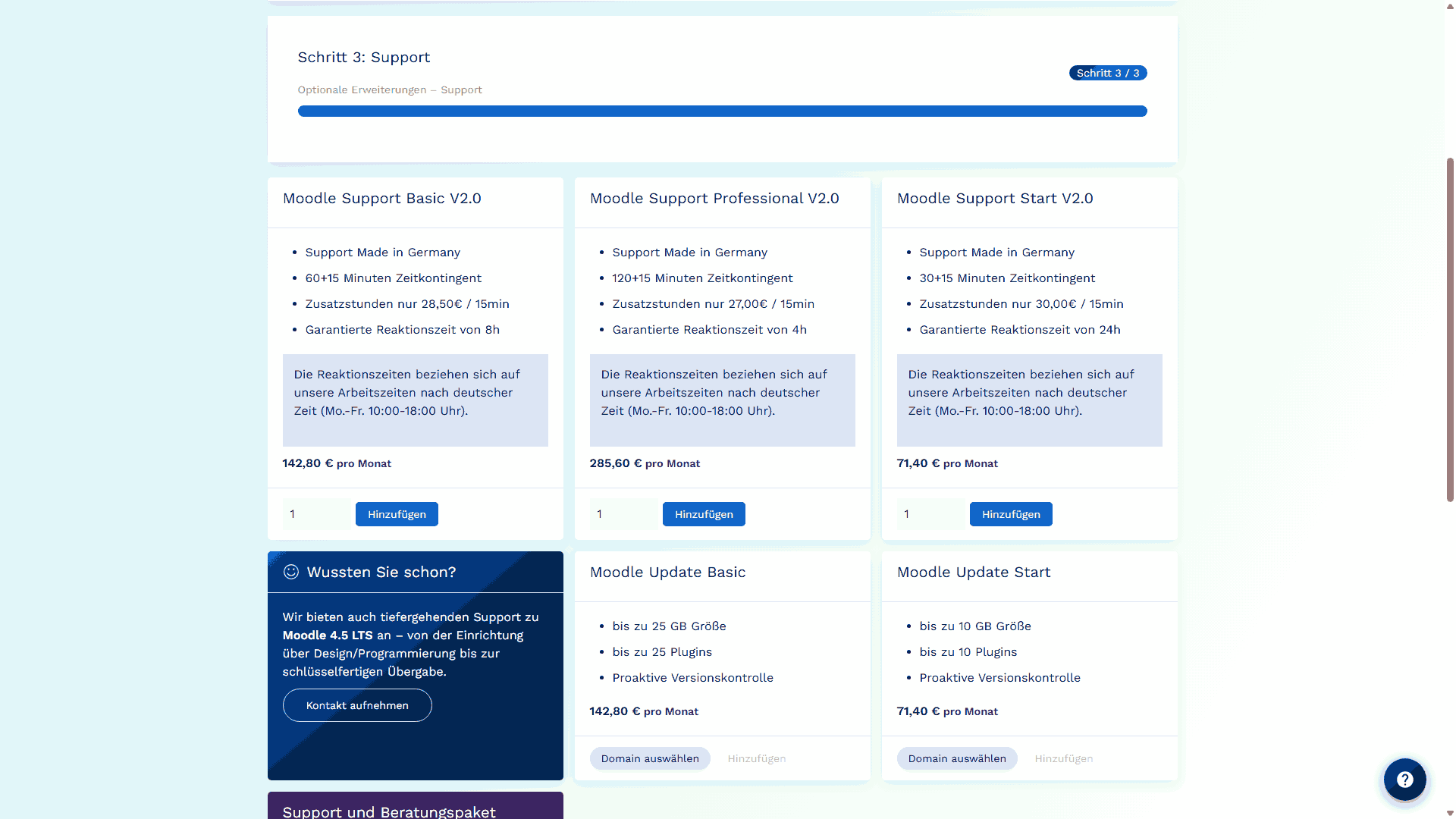 Figure 9 - Depending on the preferred system or plan, various support services can be booked directly