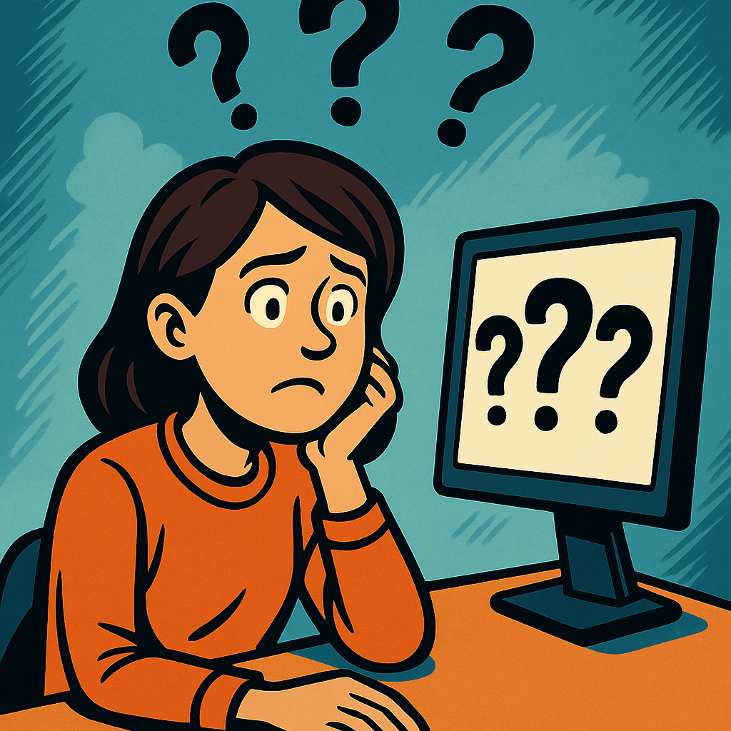 Frau sitzt fragend von einem Bildschirm