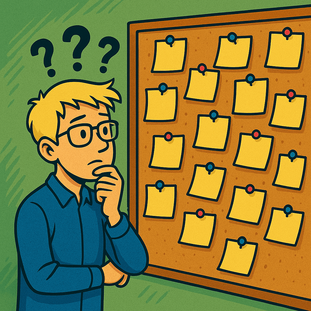 Junger Mann steht vor einer Pinnwand mit Post-Its