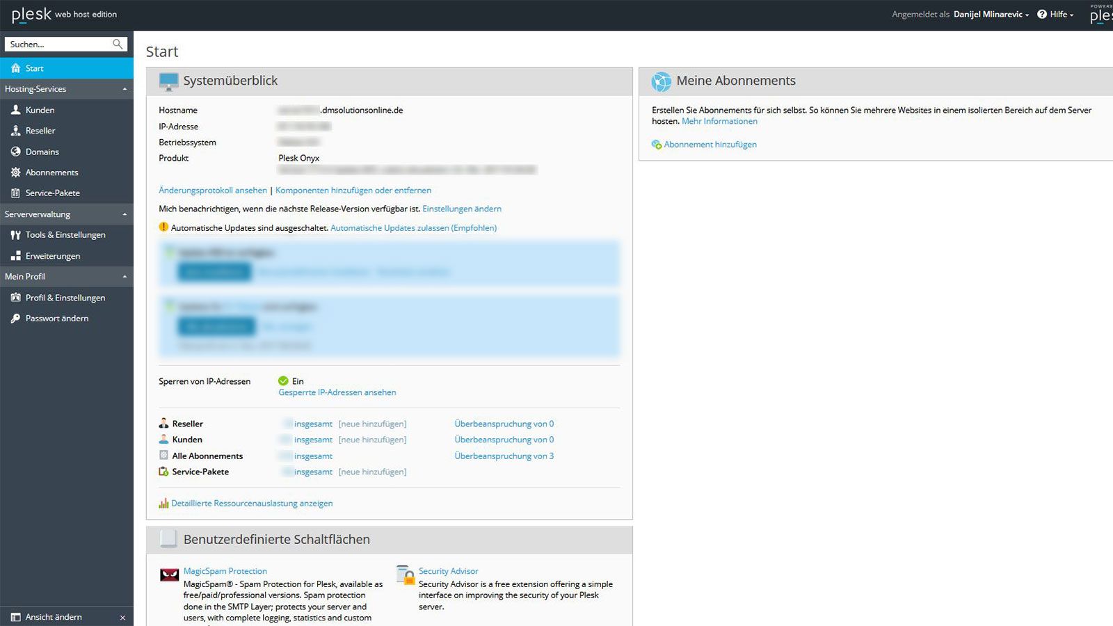Server Software - Admin Start Seite